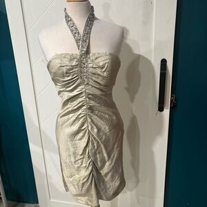 Champagne Embellished Halter Cocktail Dress – Women’s Medium Event/Wedding